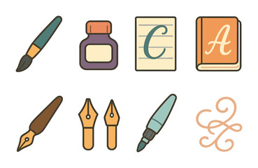 Calligraphy Tool Icons. Flat vector mini-illustrations Modern calligraphy tools in colors children's