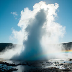 Fototapeta premium A geyser erupts dramatically, sending a plume of steam into a bright blue sky.