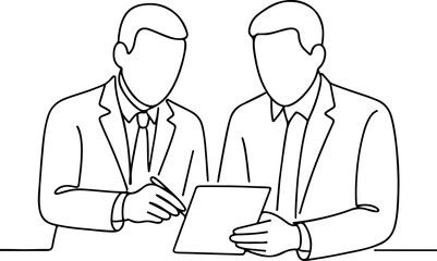 Two Business Men Teamwork Line Drawing Analyzing Documents Concept