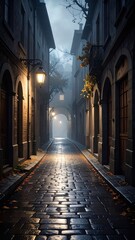 Obraz premium A misty alleyway at night