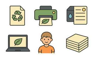 Eco-Friendly Student Icons. Flat vector mini-illustrations Eco-friendly homework printing in colors children's
