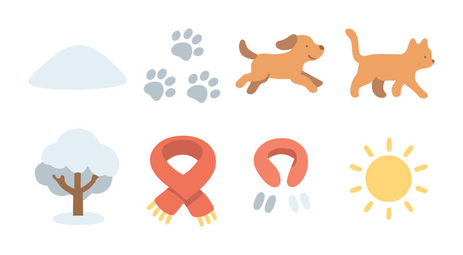 Winter Pets Adventure. Flat vector mini-illustrations Pets and snowy landscapes in colors children's