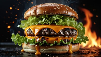 A close-up view of a juicy, double cheeseburger.