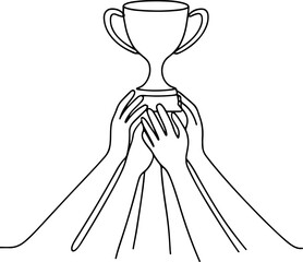 Trophy Held by Multiple Hands One Line Drawing Representing Teamwork