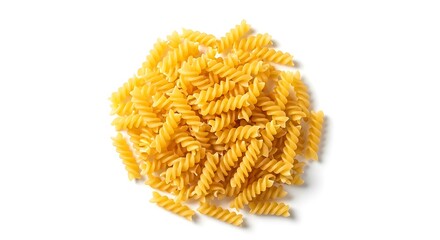 Pile of dry fusilli pasta on a white background