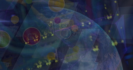 Displaying globe overlaying network space, with hexagonal panels, circular icons and glowing nodes