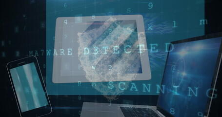 Tablet displaying 3D virus hologram in digital workspace, with smartphone laptop code stream