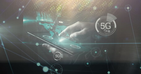 Controlling 5G holographic interface on tablet in virtual lab, featuring world map and bar chart