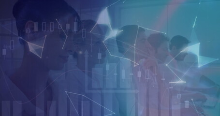 Group of five professionals standing in office, analyzing data with candlesticks and network lines