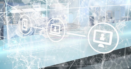 Highlighting glowing laptop icon linking network mesh in office graphic, with device symbols