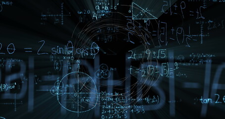Floating glowing blue equations moving through 3D tunnel, with trig functions and geometric shapes