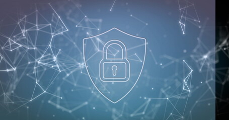 Protecting translucent shield icon hovering over digital network, with padlock security symbol