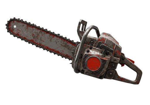 Isolated Vintage Chainsaw with Rustic Red Accents