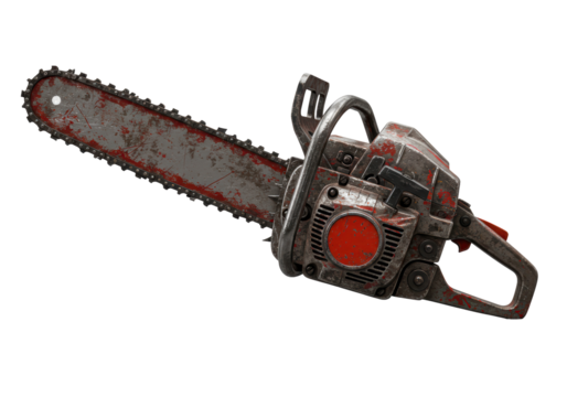 Isolated Vintage Chainsaw with Rustic Red Accents