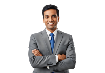 Smiling young businessman in a suit with his arms folded standing confidently on transparent background