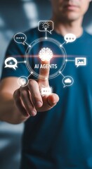 Person interacting with glowing AI agents network, symbolizing innovation, communication, and digital intelligence in modern technology.