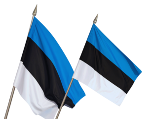 Two estonian flags waving on poles isolated on transparent background