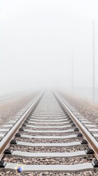 Misty Morning Railway: A Vanishing Perspective of Train Tracks Disappearing into Dense Fog, Evoking a Sense of Calm and Endless Journey.