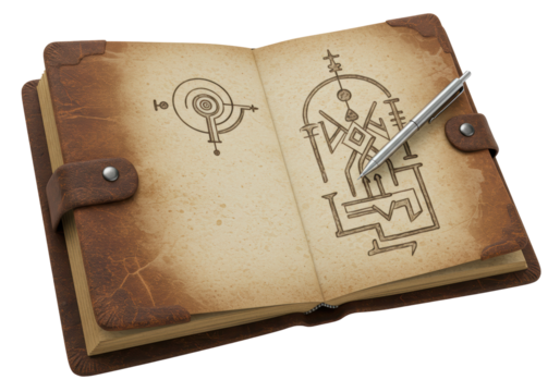 Isolated Open Leather Journal with Mystic Symbols and Pen