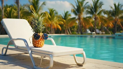 Cool pineapple wearing sunglasses relaxes on a sun lounger by a sparkling blue swimming pool surrounded by palm trees, embodying summer vacation vibes and tropical leisure.