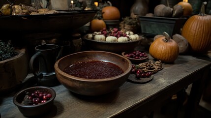 Rustic Autumn Table Arrangement with Cranberries and Pumpkins