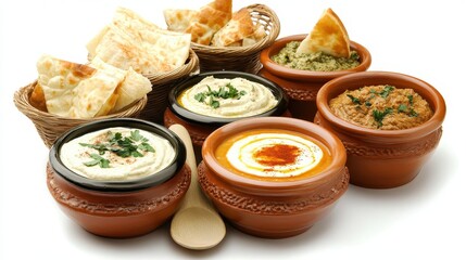 Variety of Dips and Breads Presented in Traditional Serving Bowls
