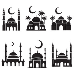A set of black and white silhouette illustrations of Islamic mosques against a white background. 