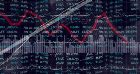 Sweeping red downward line graph moving on trading display, with white lines, bar charts, tickers