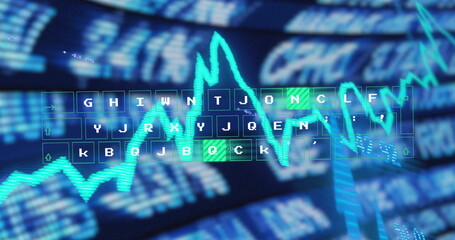 Displaying neon teal graph running across trade screen, with hologram keyboard and scrolling ticker