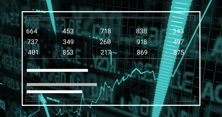 Showing outlined panel displaying digit grid, turquoise bar, progress bars, line graph on dark grid