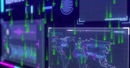 Displaying interface in cyberspace showing holographic world map overlays and cascading binary code