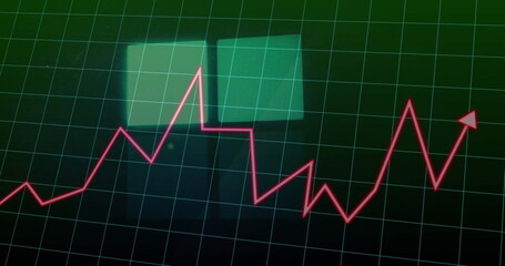 Showing red zigzag line graph ending with arrow tip over grid on dashboard, with display panels