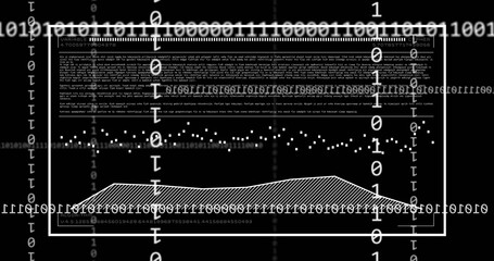 Displaying white data frame on dashboard, with floating binary digits, area chart, text and stats
