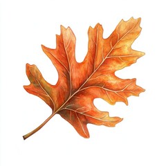 Fototapeta premium Autumn orange oak leaf illustration watercolor nature.