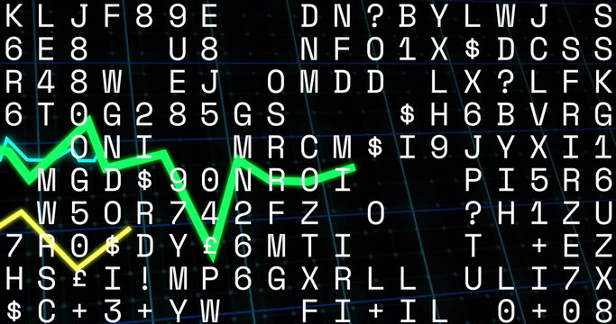 Fototapeta Glowing neon green line graph tracing peaks on interface with alphanumeric grid and yellow graph