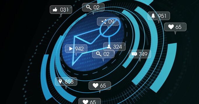 Glowing holographic envelope icon displaying notification badges on dashboard, with social icons