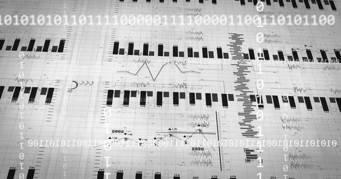 Displaying bar and line charts updating on digital dashboard, with binary code and phase symbols