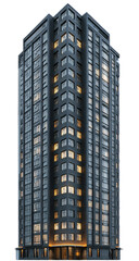 Tall, dark, modern apartment building.  Illuminated windows
