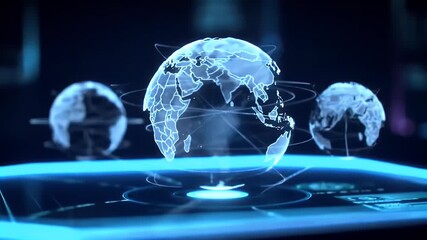 Digital globe rotating with glowing network lines - Powered by Adobe