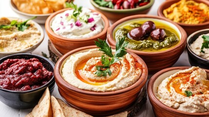 Variety of Mediterranean Dips Served in Colorful Bowls with Bread
