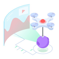 Isometric illustration of drone camera technology analyzing video data and digital information visualization for aerial analytics and surveillance concept