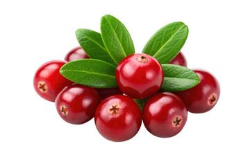 Fresh red cranberries with green leaves isolated on transparent background