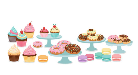 Colorful dessert assortment with illustrated cupcakes, donuts, and macarons