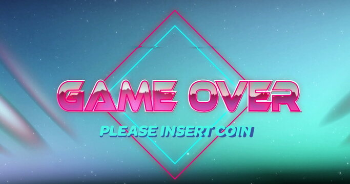 Displaying retro neon GAME OVER with insert coin text in arcade screen with neon diamond outlines
