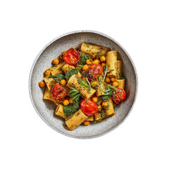 Delicious Pesto Pasta with Chickpeas and Roasted Cherry Tomatoes - Overhead Shot