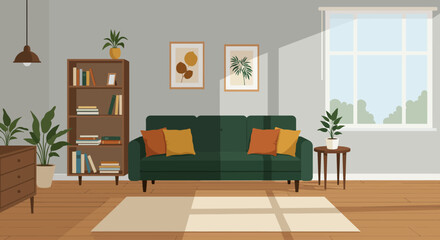 Cozy modern living room interior with furniture and window light. Flat design vector illustration.