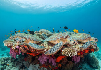 Diver exploring colorful coral reef with tropical fish underwater in the ocean
