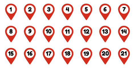 Location pin icons with number set. Map marker symbol set with 1 to 20 numbers. Simple flat illustrations. Number in circles