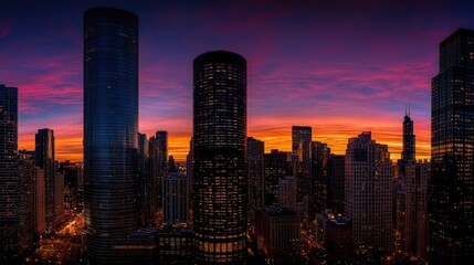 Fototapeta premium City skyline at colorful sunrise.