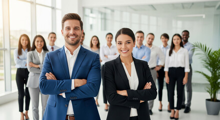 Obraz premium Diverse and confident business team with a smiling man and woman in the foreground, standing with arms crossed in a modern office. Teamwork and leadership